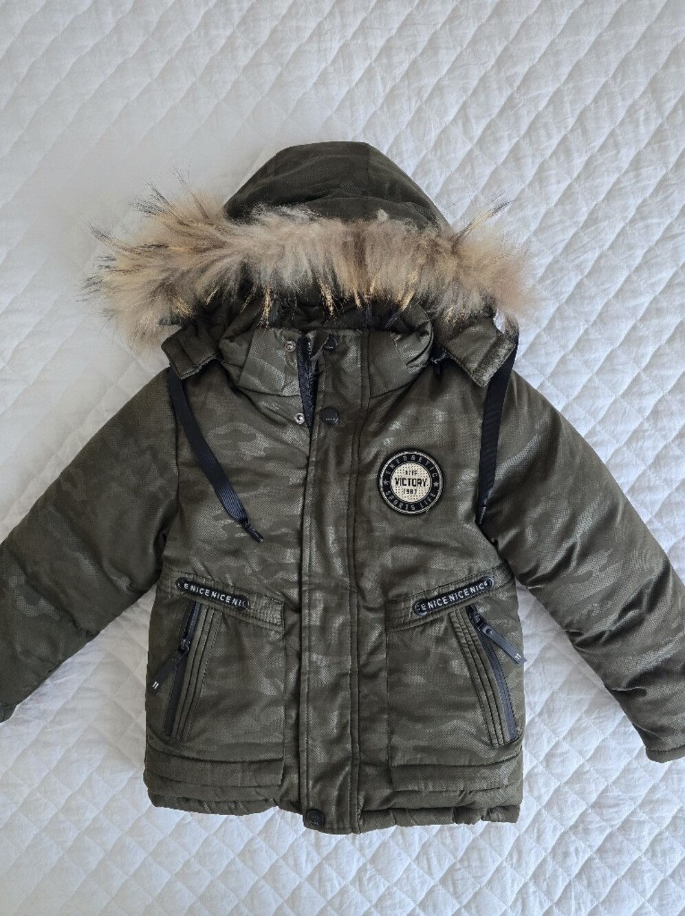 Kids Real-Fur Hooded Olive Puffer Jacket Size 4 y.o. 104 cm